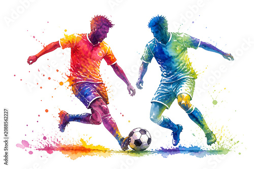 Two soccer players competing for ball in colorful watercolor style