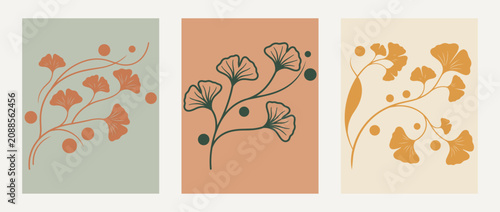 Minimalist boho ginkgo biloba botanical triptych wall art earthy leaf branch vector illustration
