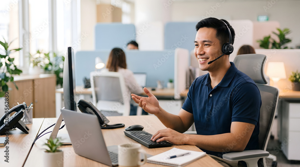 Fototapeta premium Friendly Healthcare Customer Service Representative Wearing Headset Assisting Patient Call