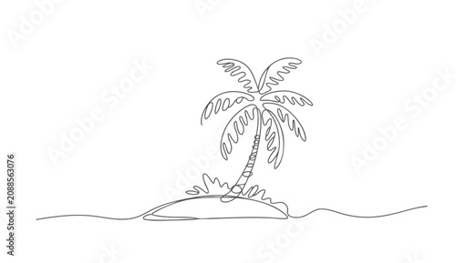  Minimal one line illustration of a lonely palm tree in a tropical landscape.