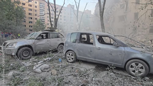 Courtyard of destroyed residential building a Russian missile strike in Darnytskyi district, Kyiv, July 2, 2026