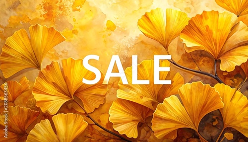 Bright Golden Ginkgo Leaves Surrounding Sale Text on Warm Autumn Background