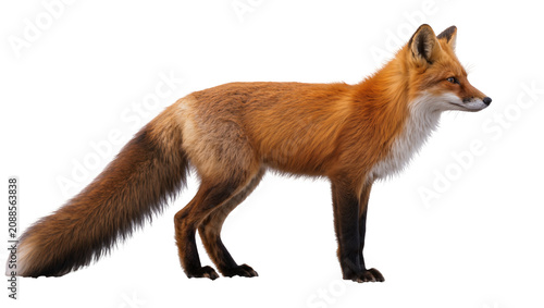 Obraz na plátně Red fox with bushy tail standing, isolated on transparent background