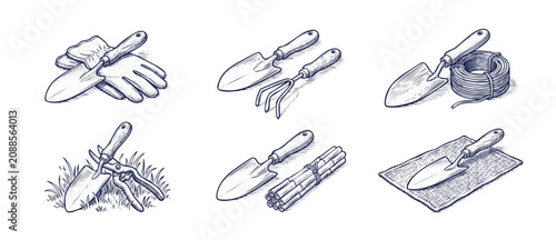 Konstfotografi Gardening tools sketch vector set of hand trowel, pruning shears, gloves, rake, and twine icons in vintage engraving style for horticulturist icons and garden design projects on isolated background