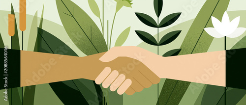 Two hands shaking among green plants in community garden setting  