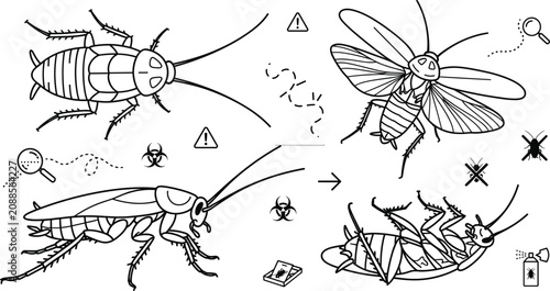 Photos Cockroach pest control line art vector icons set with flying dead bugs insectici