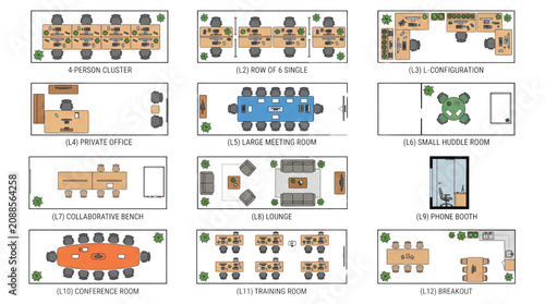 Top View Colored Office Workspace Layout Floor Plan Vector Icons Sheet