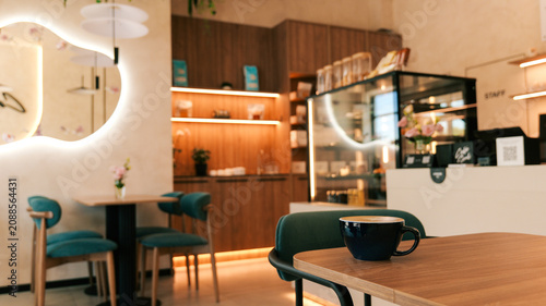 Cozy cafe interior with a cup of coffee on a wooden table