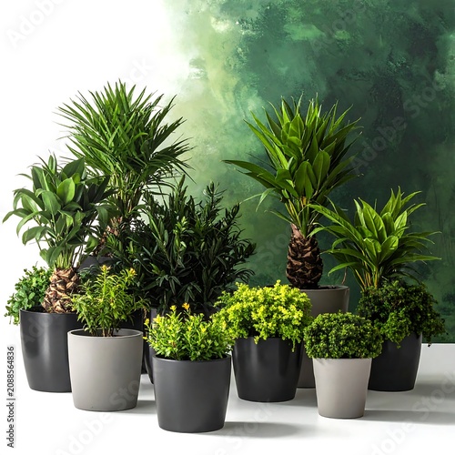 Lush Potted Tropical Plants Arranged on White Surface with Green Textured Background