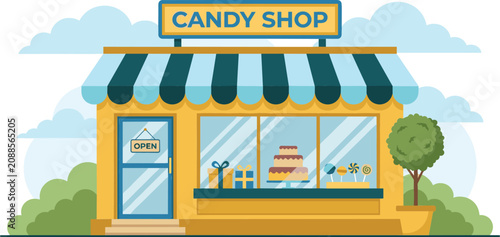 Foto Charming candy shop storefront vector illustration with blue striped awning and display window showing lollipops, cake, and gifts under a cloudy blue sky