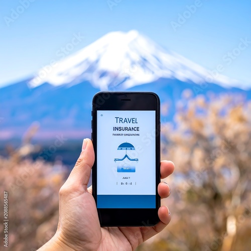Hand Holding Smartphone Displaying Travel Insurance with Snow Capped Mountain in Background