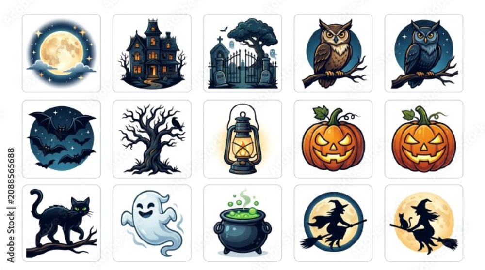 Fototapeta premium Halloween Night Elements – full moon, stars, bats, clouds, owl, lantern, spooky tree, haunted house, cemetery, premium Halloween icon set. white background