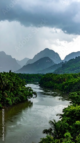 Moody Tropical River Flowing Through Lush Jungle Valley Beneath Stormy Mountain Clouds