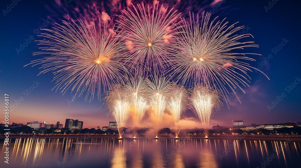 Fototapeta premium 夜の都市 waterfront に打ち上がる花火大会、夏祭りや観光イベントに使える華やかな夜景背景素材