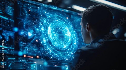 Cinematic shot of a software engineer looking at a futuristic digital control panel with glowing blue hologram data visualization screen
