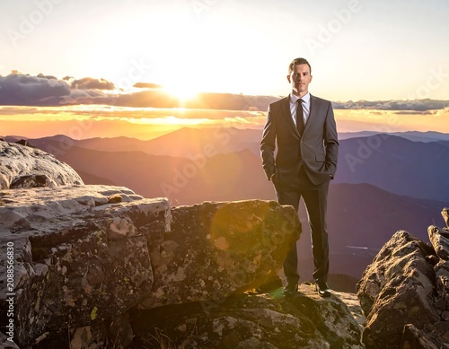 Confident Businessman Standing on Rocky Mountain Peak at Sunset