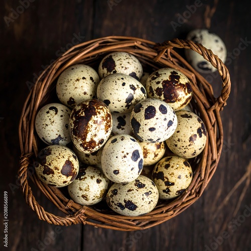 Speckled Quail Eggs Arranged in Woven Basket on Rustic Wooden Surface