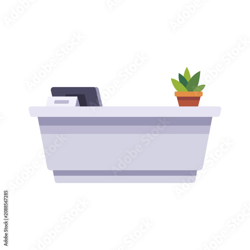 Φωτογραφία Reception desk with wide front counter, raised top ledge, small terminal, and po