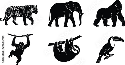 Canvas Print Black Silhouette Wild Jungle Animal Icon Set Featuring Tiger Elephant Gorilla Or