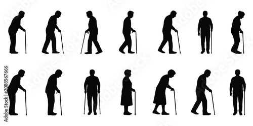 Photos Silhouettes of elderly people walking with canes in various poses and movements