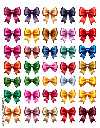 Colorful Glossy Ribbon Bows Arranged in Grid on White Background