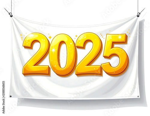 Bright Golden 2025 Numbers Displayed on White Hanging Fabric Banner