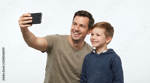 Father and son smiling and taking a selfie with a smartphone on a white background
