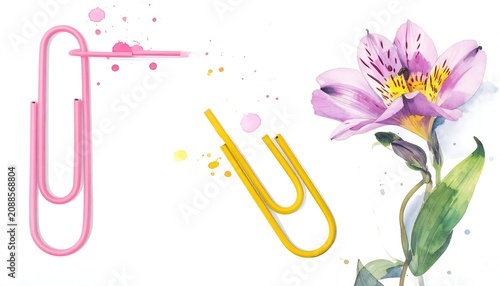 Colorful Paper Clips and Pink Flower Arranged on White Minimal Background