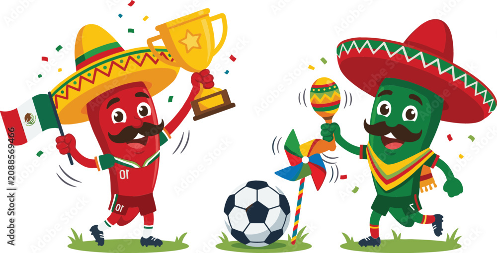 Naklejka premium Fun Mexican soccer vector illustration featuring red and green chili pepper characters celebrating with a championship trophy flag maraca and football on grass.