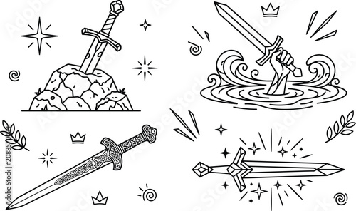 Fotografie King Arthur excalibur sword line art vector icons set with stone lake lady crown
