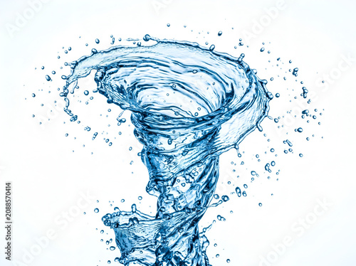 A swirling vortex of water forms a tornado-like shape with droplets flying around it in mid-air.