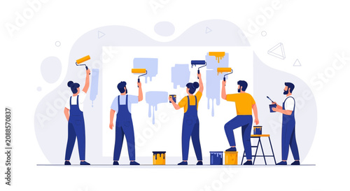 Diverse team painting wall with rollers, modern flat vector illustration for teamwork and renovation concepts