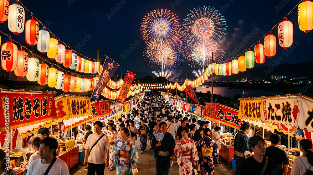 Obraz premium Vibrant Japanese Festival Crowd Under Colorful Lanterns and Fireworks