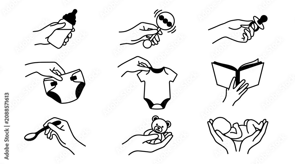 Fototapeta premium Set of nine hand-drawn icons depicting baby care and nurturing activities, including feeding, playing, dressing, and holding, in a simple line art