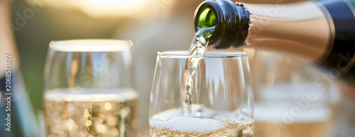 Bubbly champagne being poured into flutes, AI generated