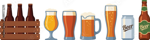 Foto Comprehensive craft beer vector icon set featuring a wooden crate with brown bottles variety of filled beer glasses mug aluminum can isolated on white background