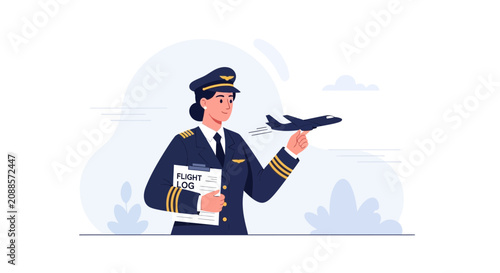 Female Pilot Holding Flight Log and Toy Airplane, Vector Illustration