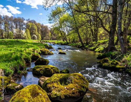 Mossy River Stones Along Flowing Stream in Sunny Spring Forest