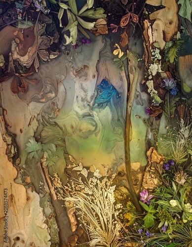 Ethereal Botanical Arrangement Framing Marbled Abstract Texture in Natural Earthy Composition
