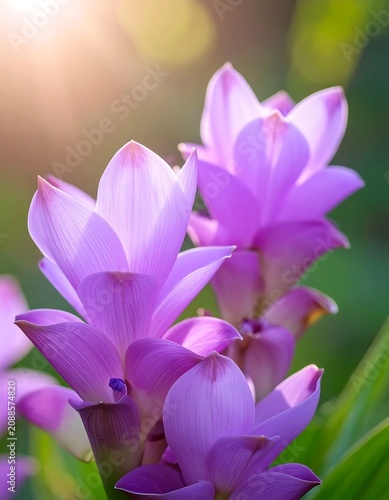 Vibrant Purple Blossoms Glowing in Soft Sunlight Garden Close Up