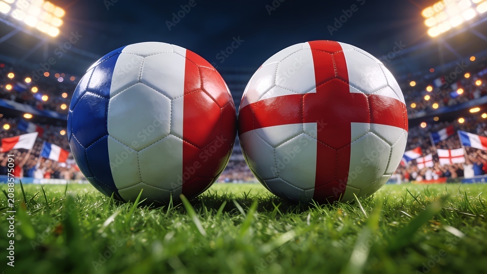 Fototapeta premium Two detailed soccer balls featuring the national flags of France and England sitting on the green grass of a brightly illuminated stadium during a major match