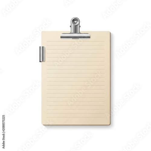 A blank clipboard attached to a wall with a pen on top