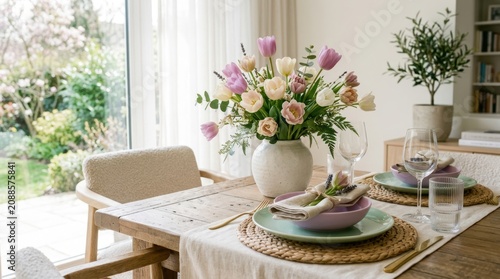 Elegant dining table arrangement with fresh flowers and stylish tableware