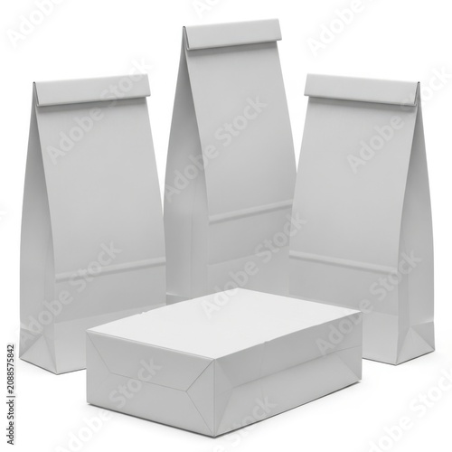 Three standing white paper bags with a small box placed beside them