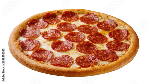 Obraz na plátně Round pepperoni pizza with melted cheese and golden crust, isolated on transpare