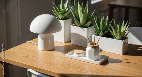 Minimalist White Lamp And Green Plants On Wooden Desk