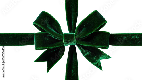 Deep green velvet ribbon tied into a bow, isolated on transparent background
