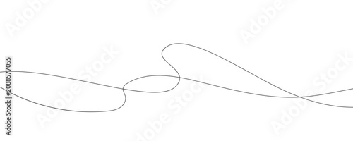 Minimalist header design with thin, wavy, flowing black line. Dynamic and elegant squiggle abstract pattern. isolated on a white background