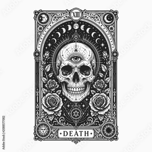 Halloween tarot card vector vintage death card illustration with skull roses and celestial motifs