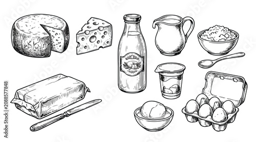 Vintage dairy products sketch collection, hand drawn milk bottle and cheese wheel vector, organic farm food set with eggs and butter